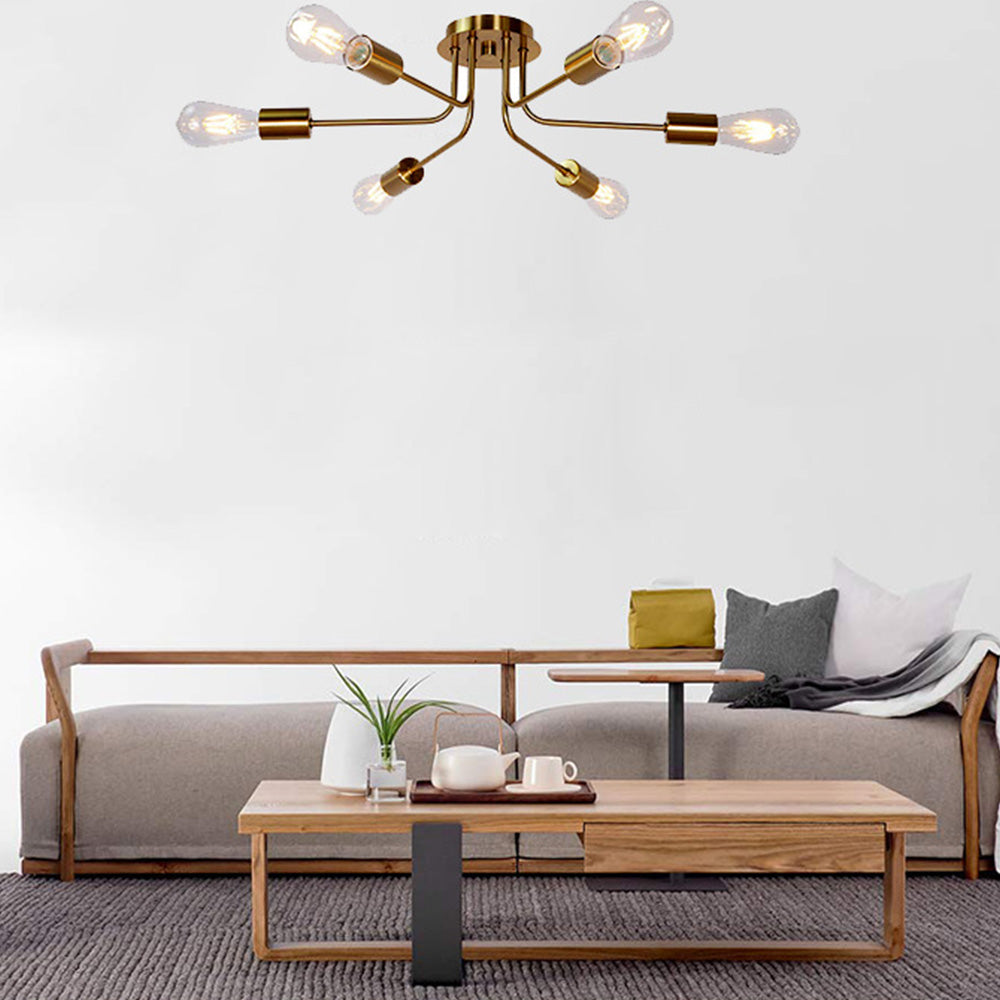 Modern 6-Light Gold Glass Semi Flush Chandelier - Cueteks