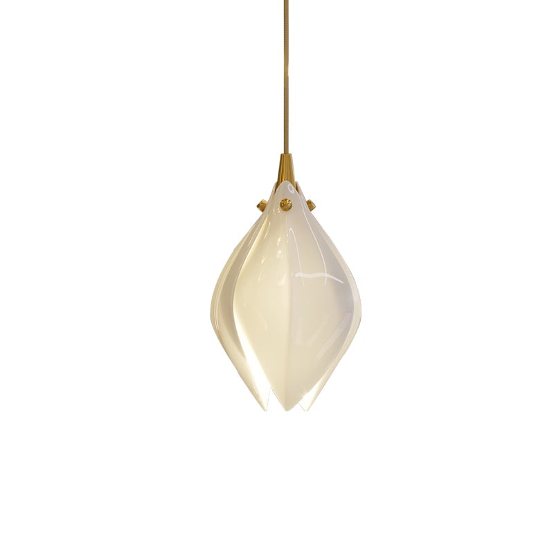 Single glowing white flower pendant with gold-tone top and fasteners against white