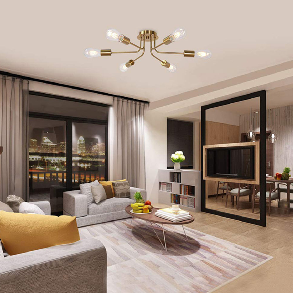 Modern 6-Light Gold Glass Semi Flush Chandelier - Cueteks