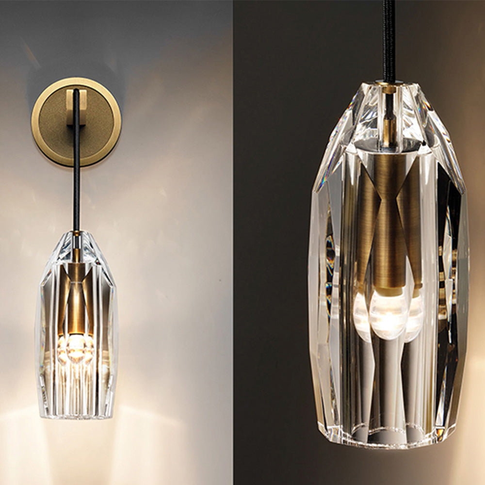 Two-panel full and close-up views of clear angular sleeve surrounding a gold-tone bulb holder and lit bulb