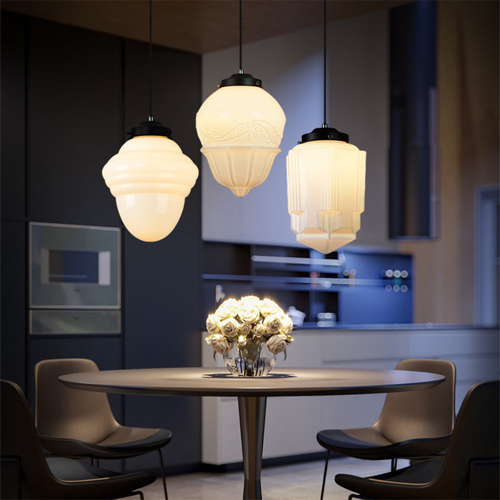 Retro Milk White Glass Geometric Jar Pendant Light - Cueteks