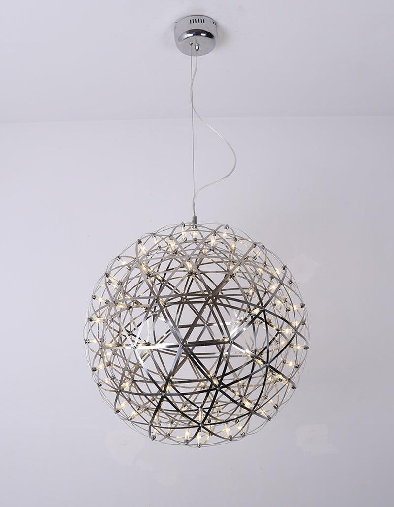 Unlit silver lattice globe with a single cord, round chrome canopy and loose lead