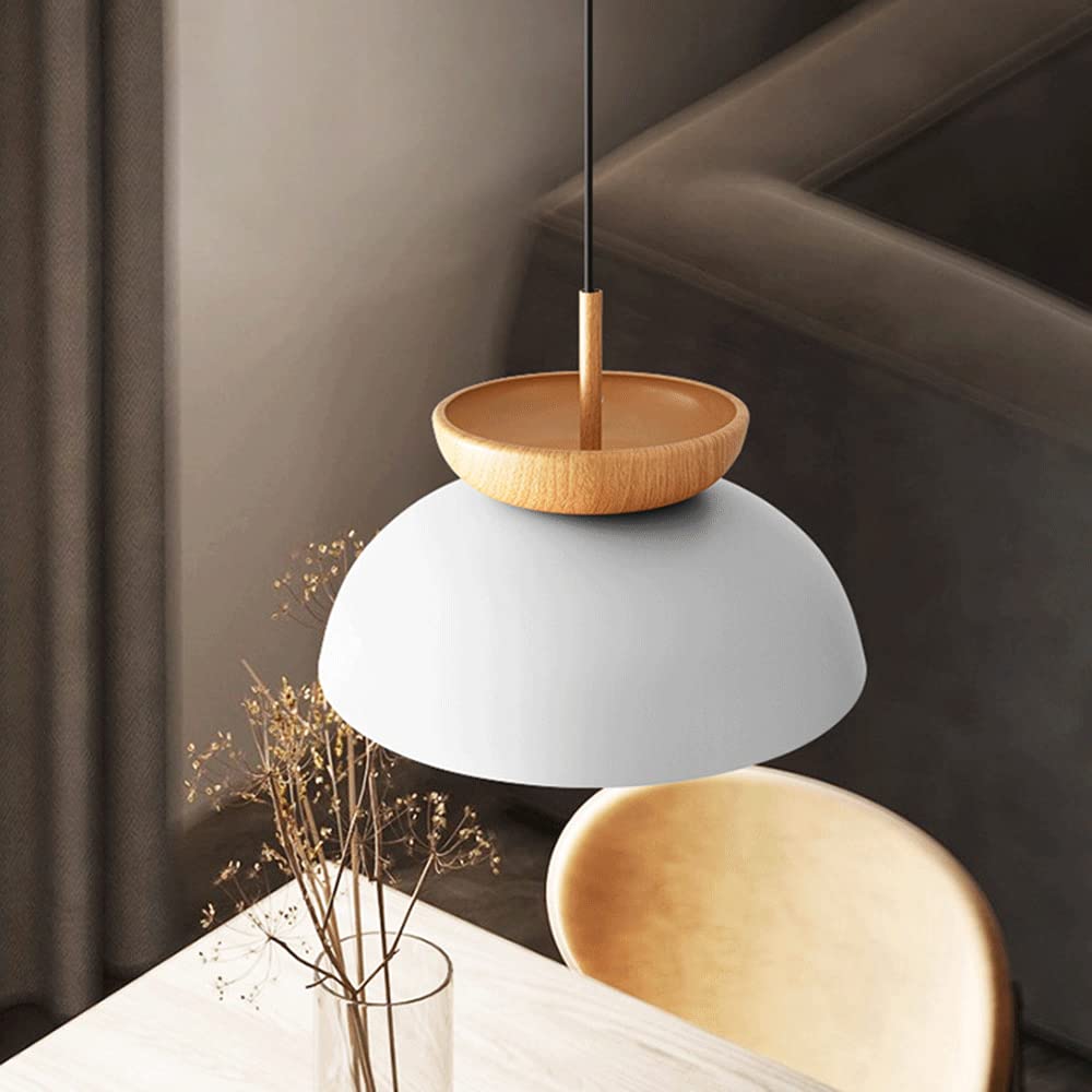 White dome pendant viewed from above, showing the wood bowl-shaped accent and dark cord