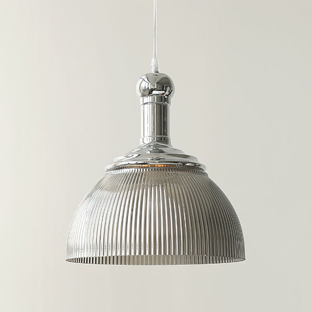 Vintage Glass Ribbed Chrome Pendant Light - Cueteks