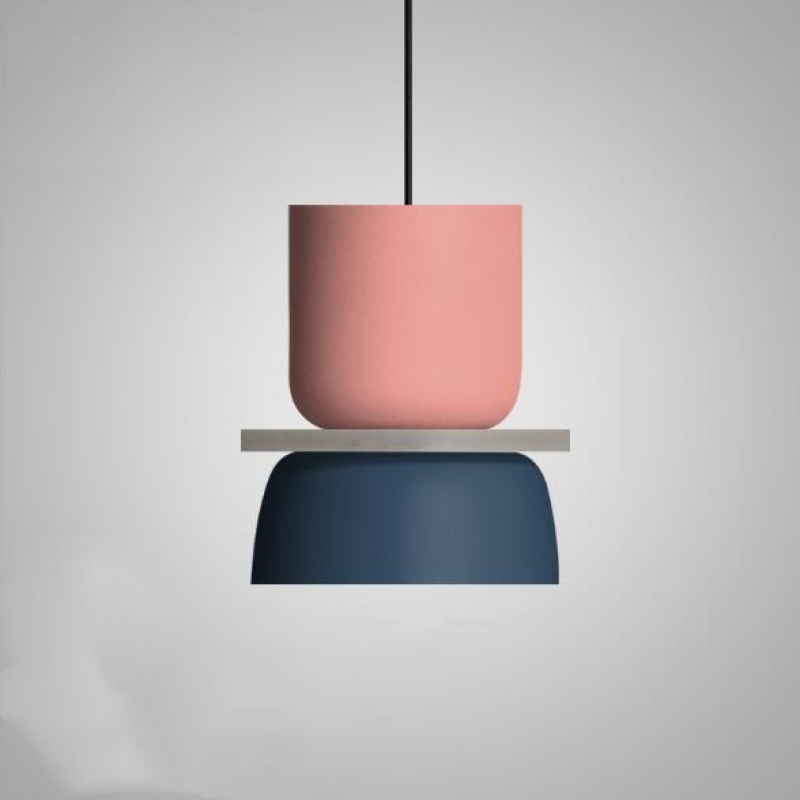 Isolated Pink Blue pendant with a tall pink upper cup, blue lower shade and pale central disc
