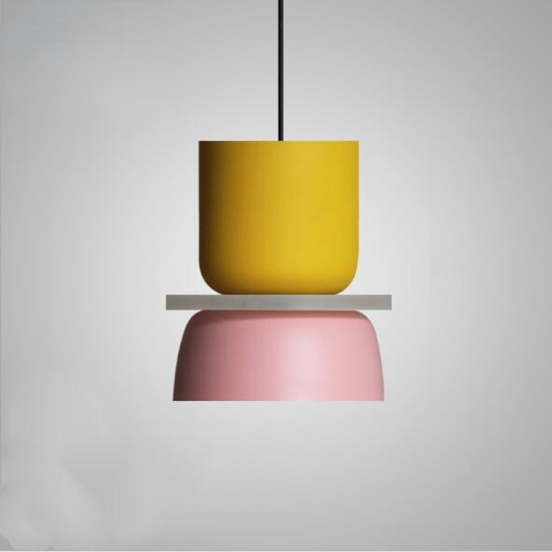 Isolated Yellow Pink pendant with a tall yellow upper cup, smaller pink lower shade and pale separator disc