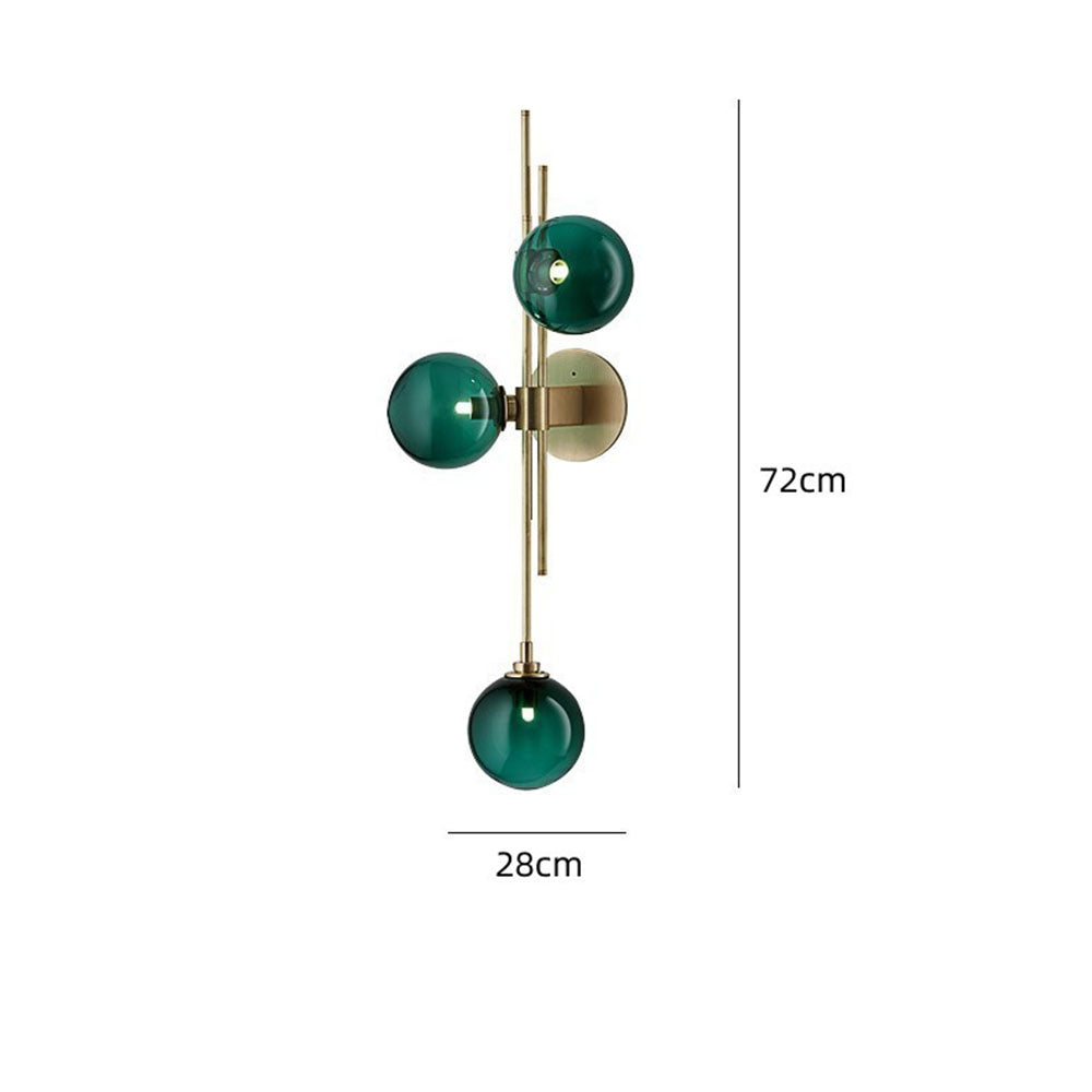 Green three-globe wall-light diagram labelled 72 cm overall height and 28 cm across the front