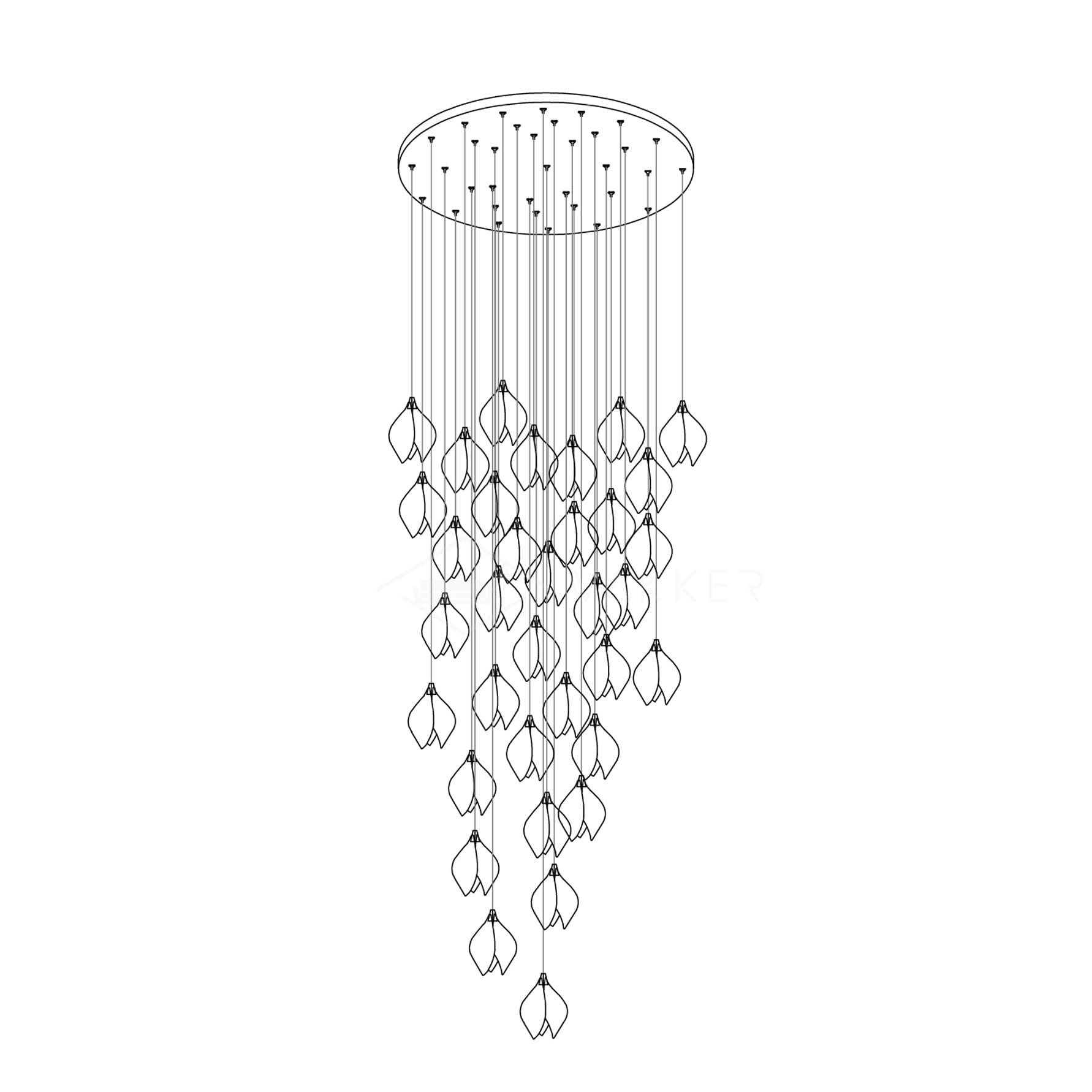 Line drawing of a round canopy and a dense tapered flower-bud cascade
