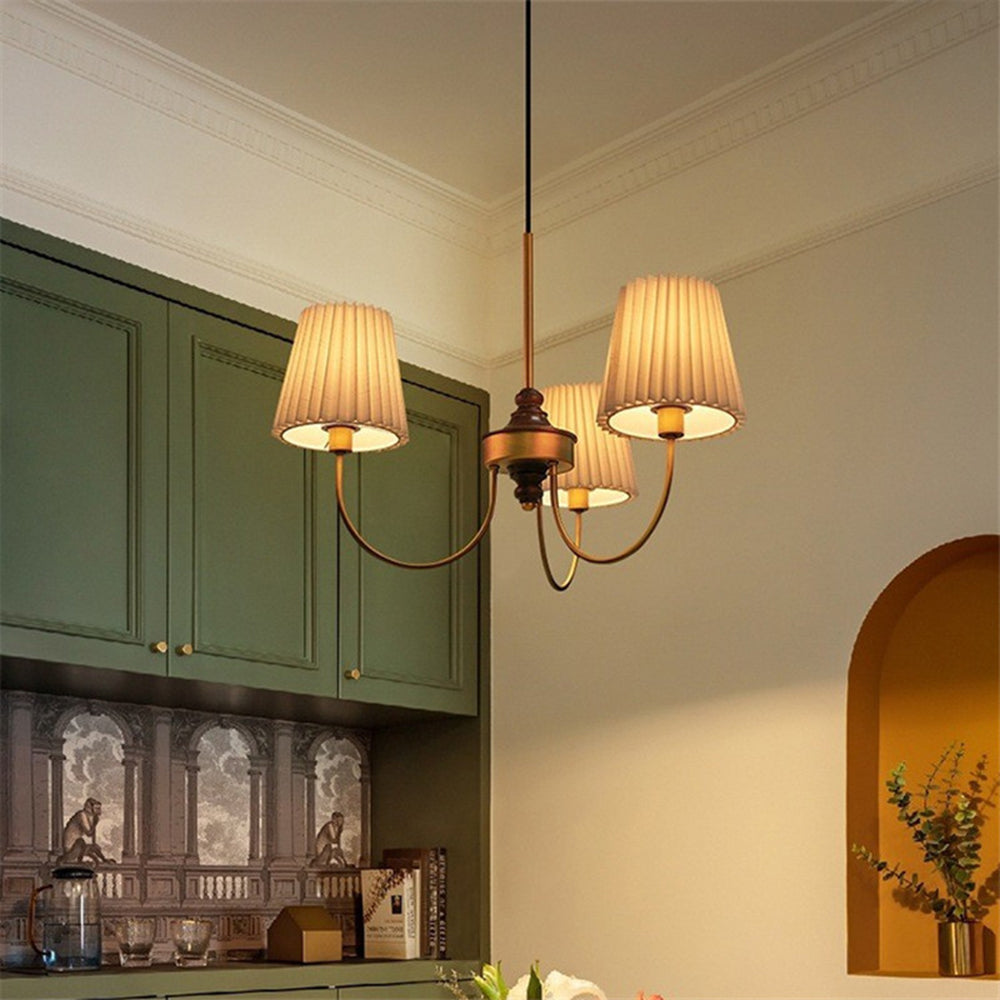 Vintage Pleated Pendant Lampshade Brass Dining Room Chandelier - Cueteks