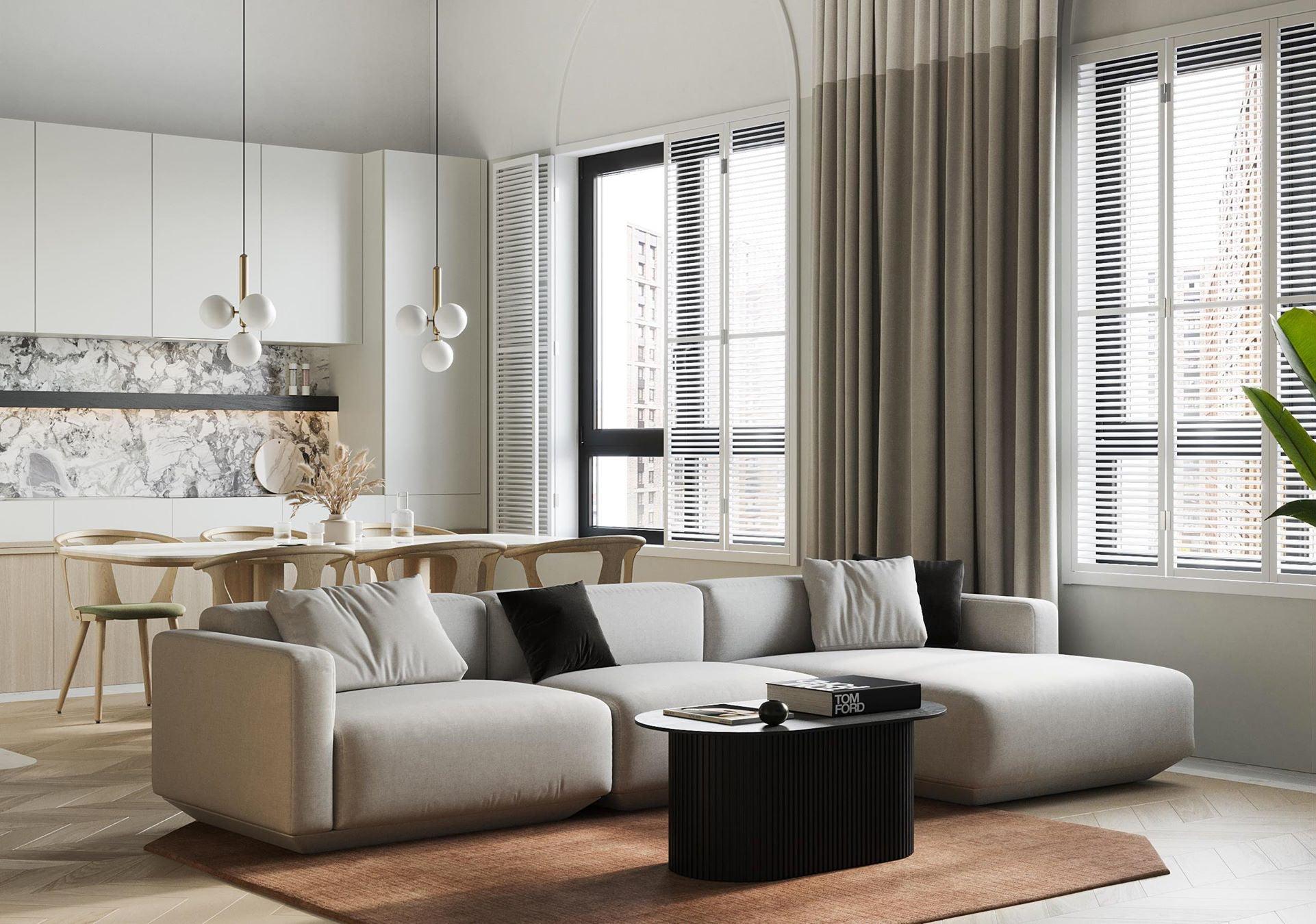 Glass globe lighting in an open-plan living area