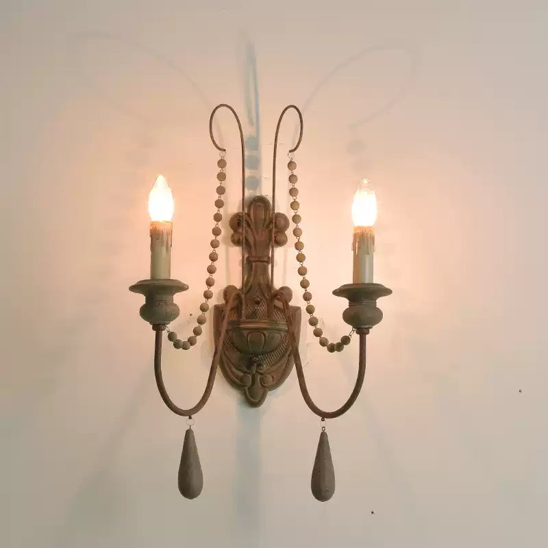 White Metal Wall Sconce with Wood Backplate and 2 Bulbs - Cueteks
