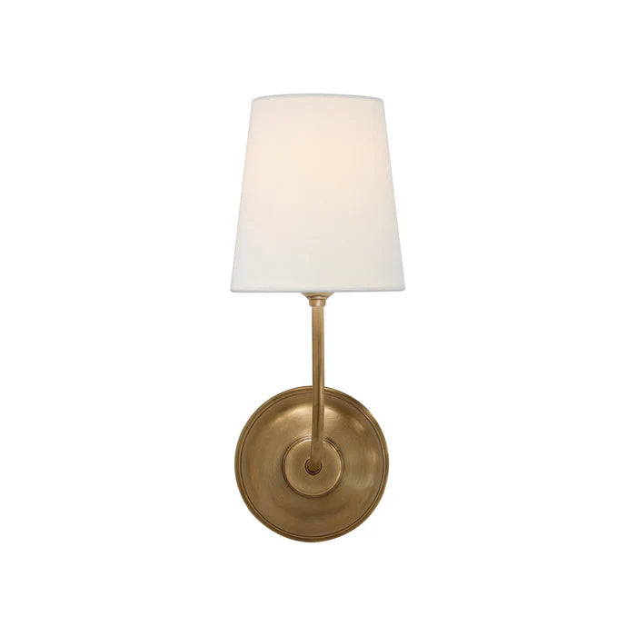 Vendome single A wall light with round brass backplate and white shade.