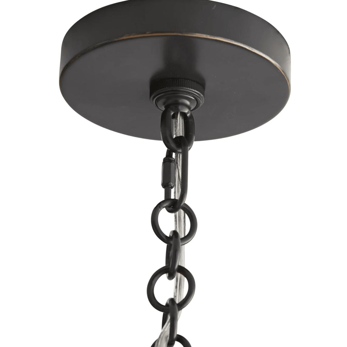 Close view of a black circular ceiling canopy with chain links and a parallel clear-looking wire