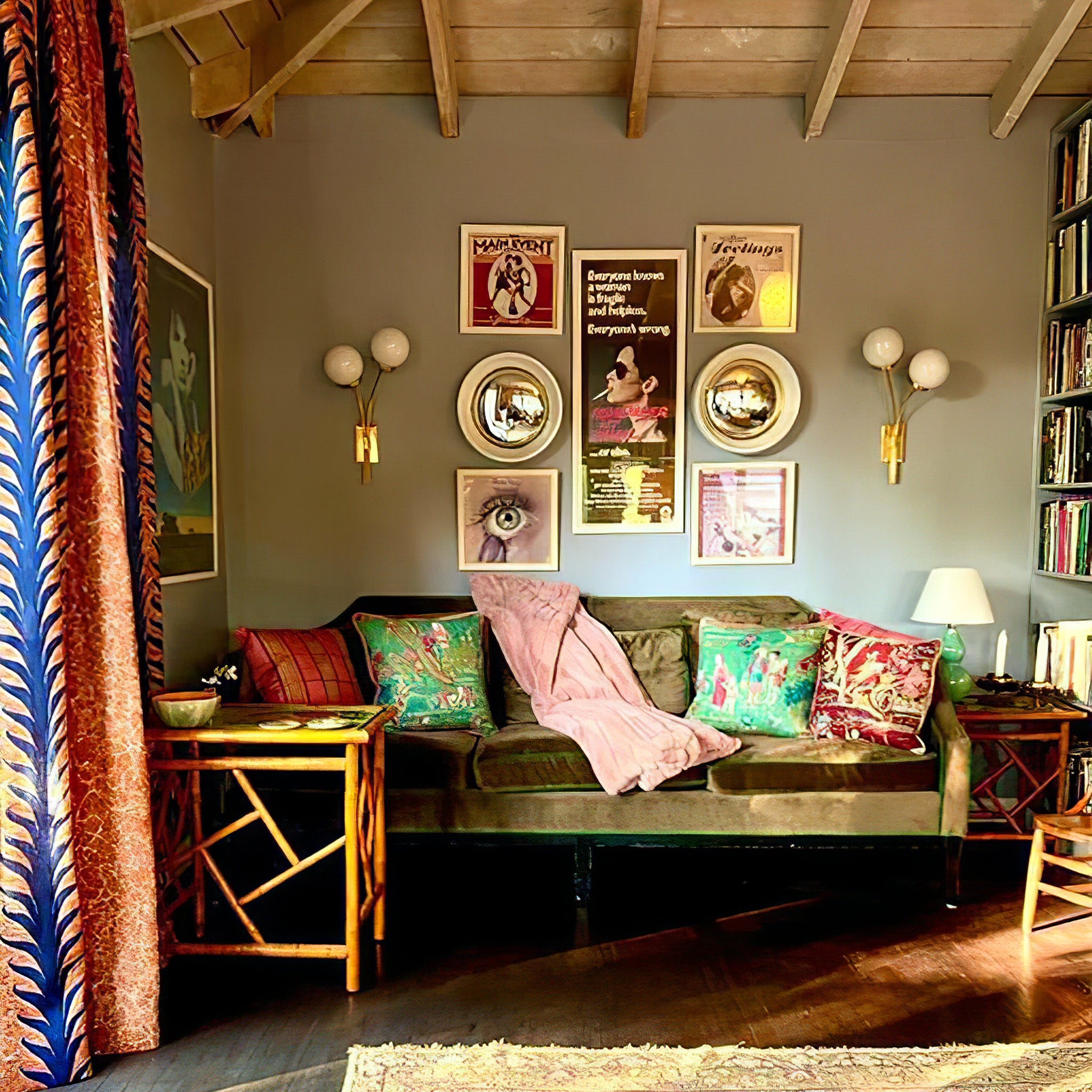 Two brass and white-glass sconces above sofas