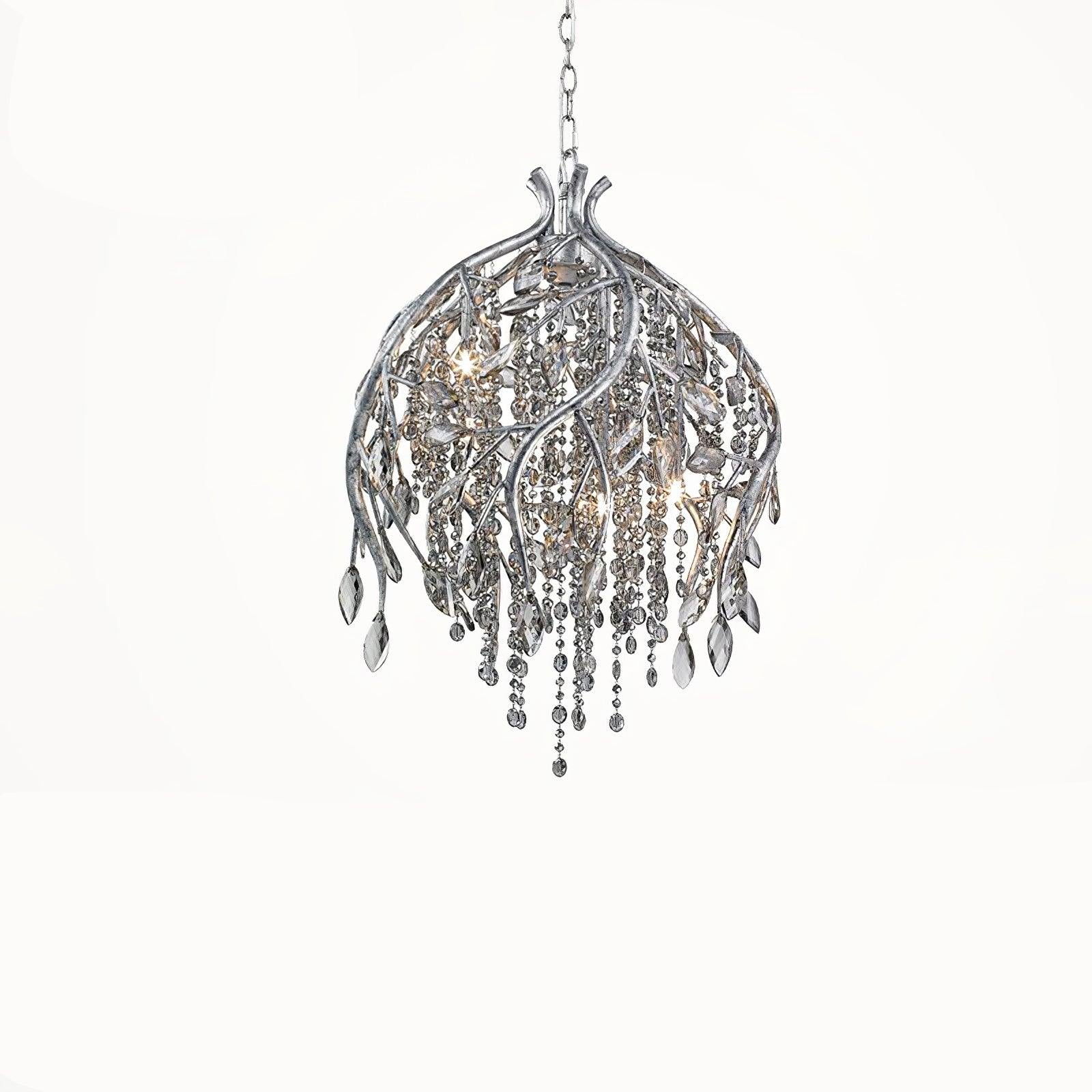 Tall silver-tone rounded branch-cage chandelier with leaf ornaments, long bead strands and chain suspension