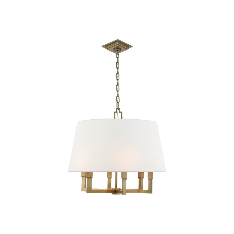 Square Tube chandelier in Antique Bronze with Linen shade, angular arms, chain and stepped square canopy