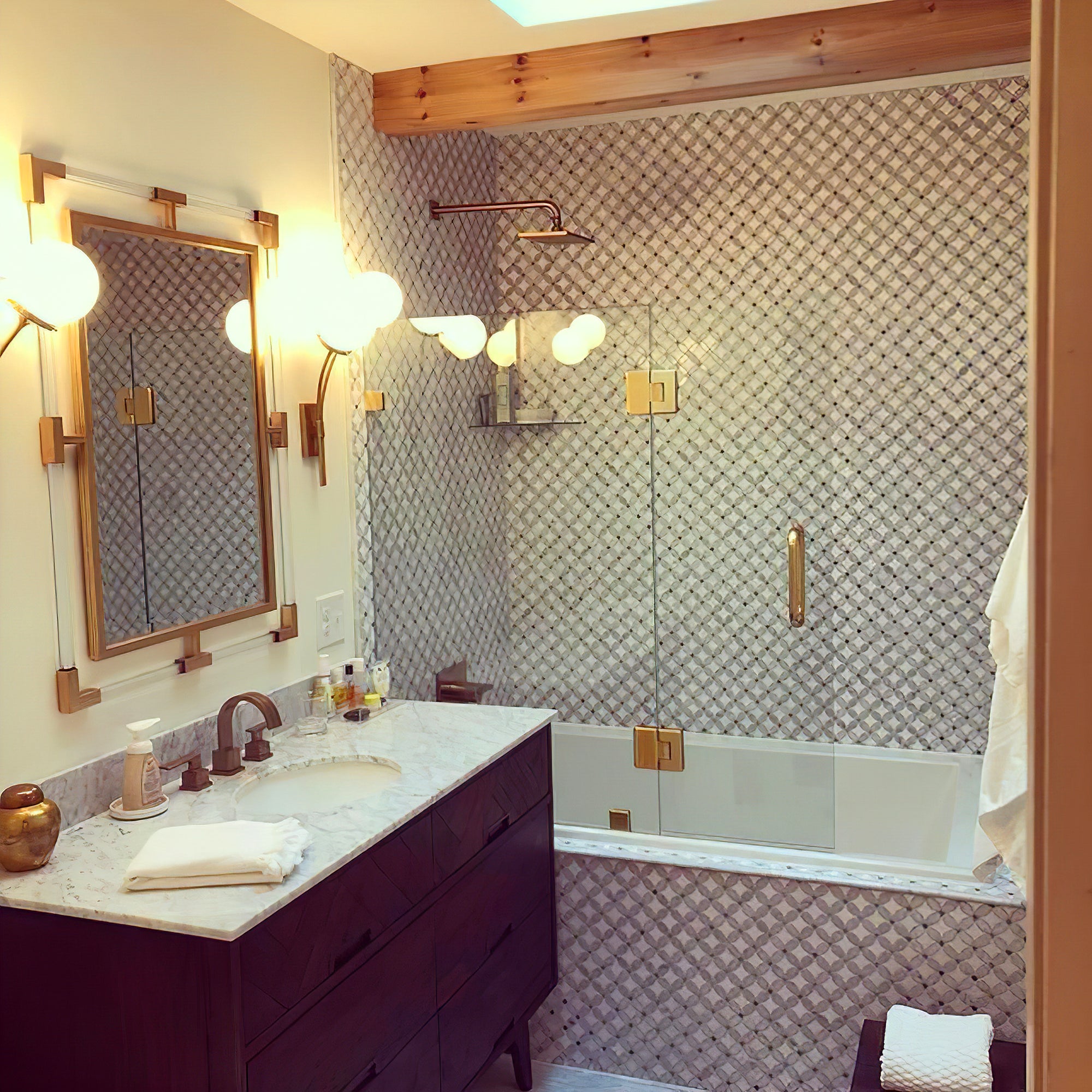 Wall sconces in a bathroom setting