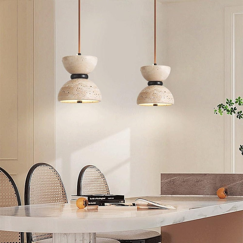 Japanese Style Double Bowl Travertine Pendant Light - Cueteks