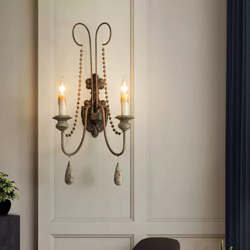 White Metal Wall Sconce with Wood Backplate and 2 Bulbs - Cueteks