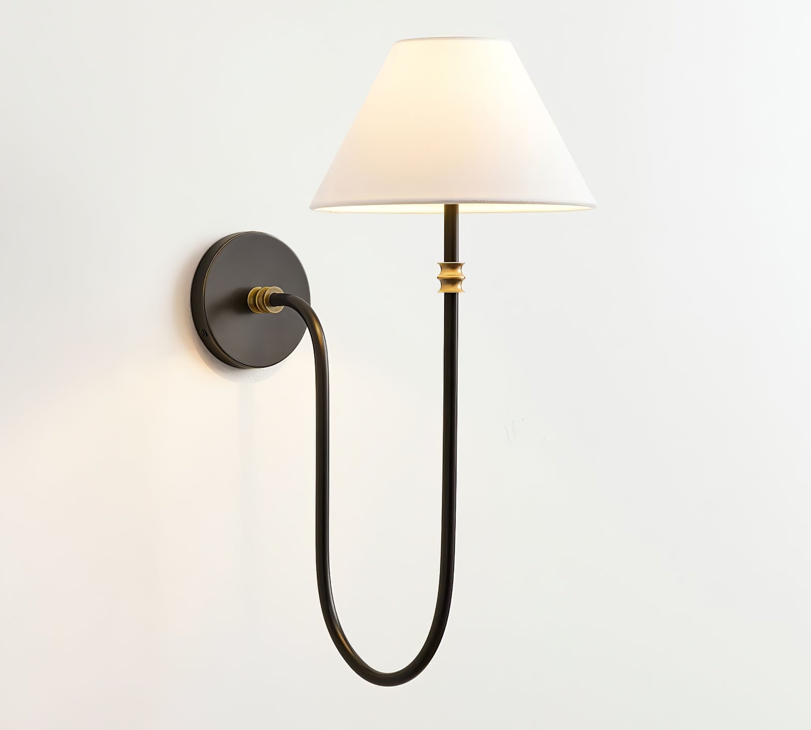 Single black Collins U-arm wall light with white shade