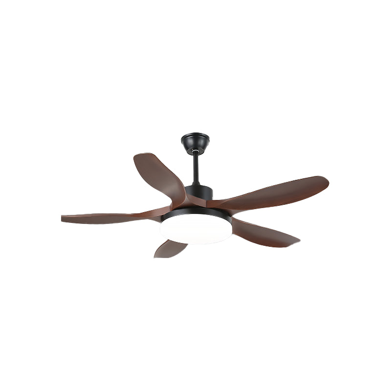 Five dark brown blades with black ceiling-fan housing, rod and canopy, and round white light face