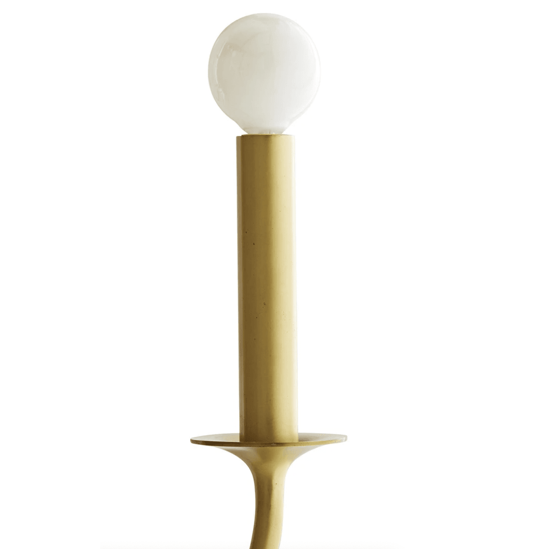 White round bulb above a gold candle-style sleeve and saucer collar on a curved arm
