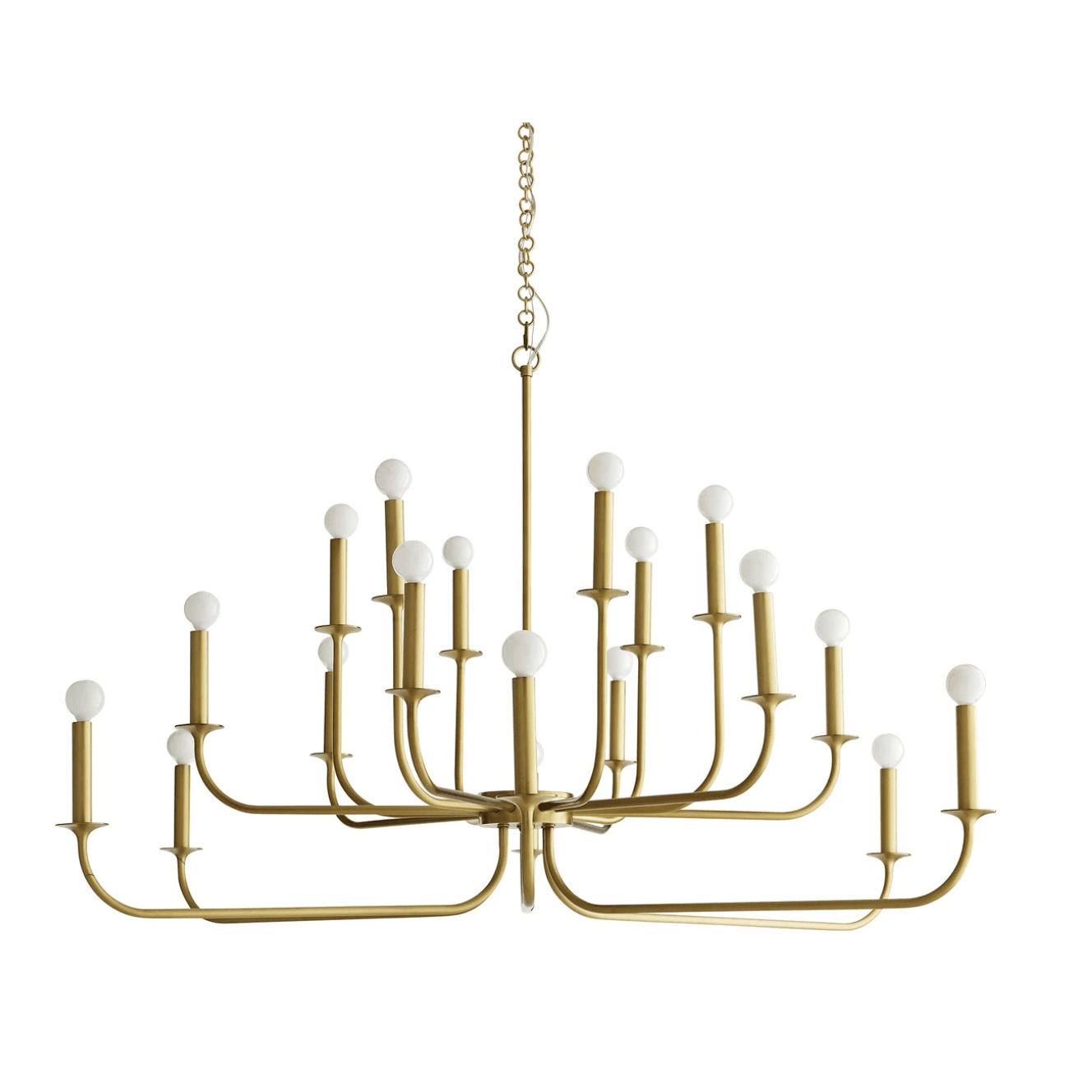 Front three-quarter view of a gold chandelier with layered arms, white round bulbs and hanging chain