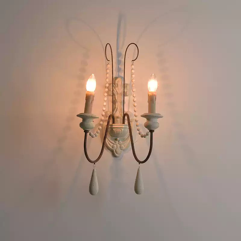 White Metal Wall Sconce with Wood Backplate and 2 Bulbs - Cueteks