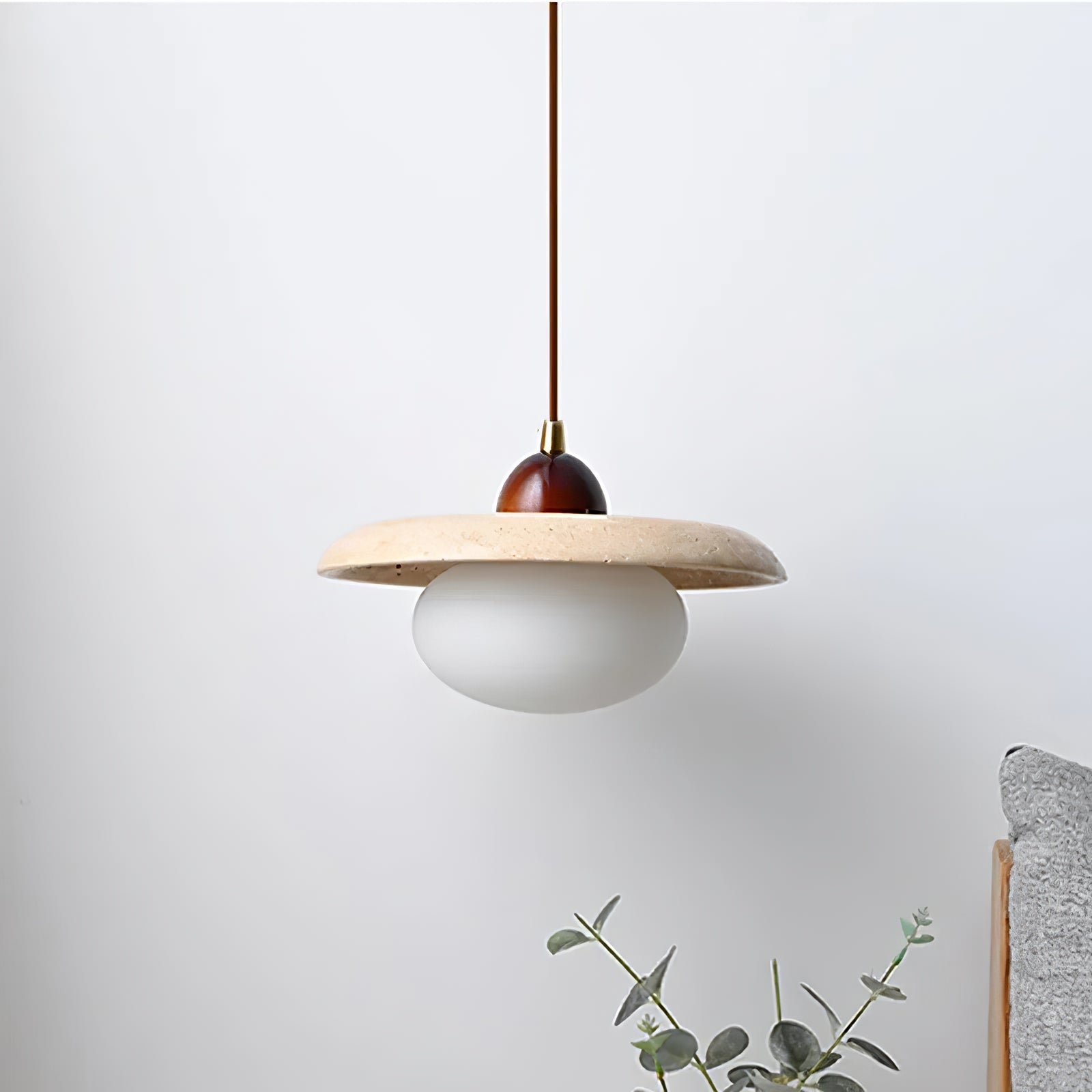 Unlit stone-disc pendant with rounded brown top and white diffuser