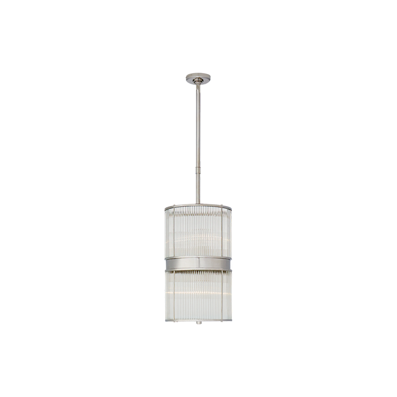 Allen tall drum pendant in Polished Nickel, 31.3 cm in diameter, with vertical glass rods, central band and long stem