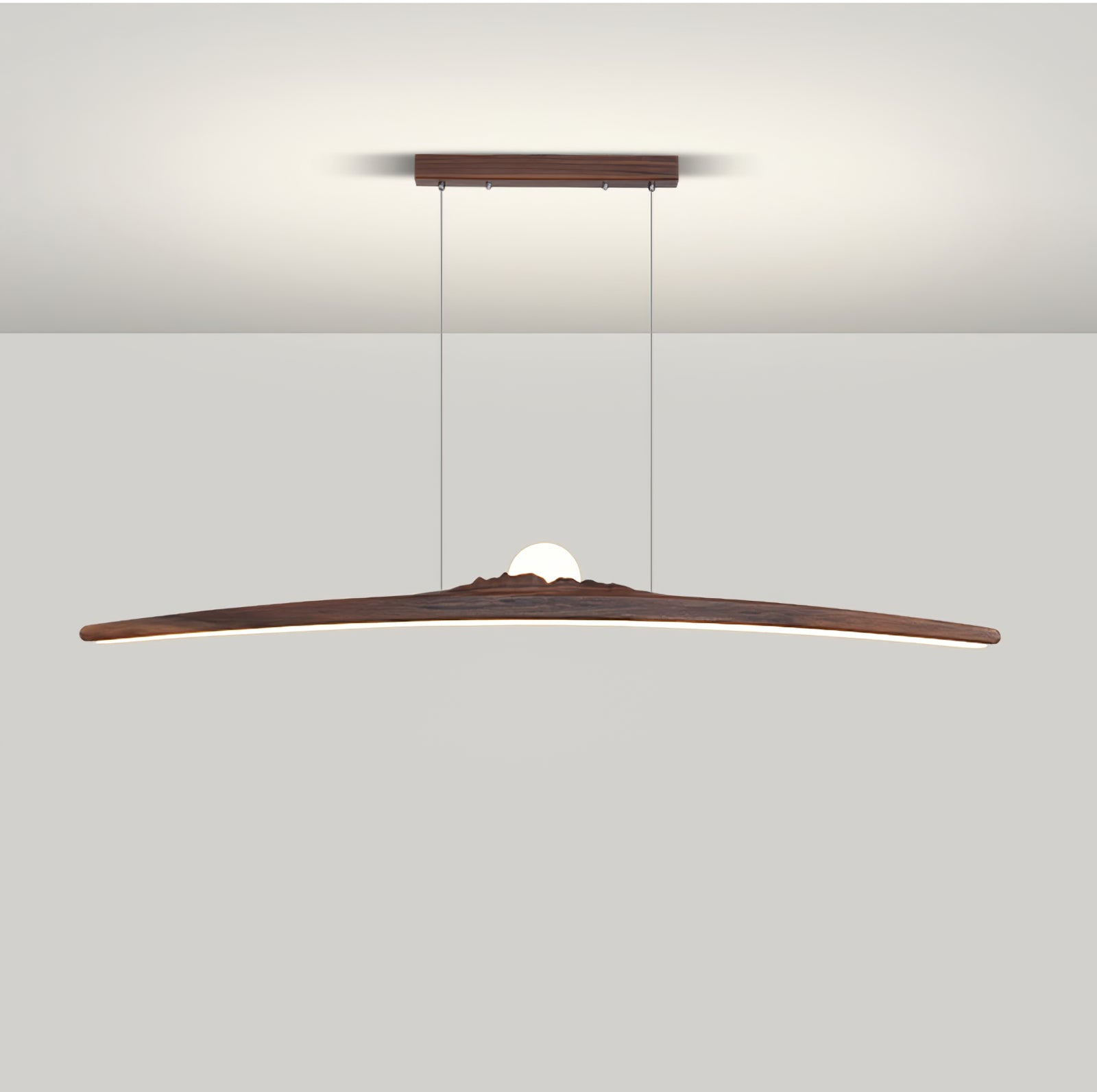 Isolated dark wood-tone curved pendant with a white globe-like centre, luminous underside and matching canopy