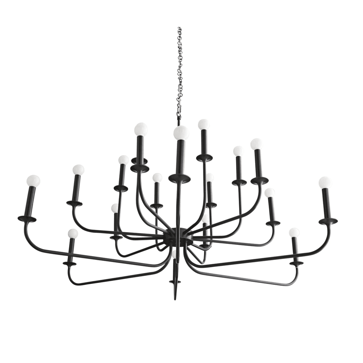 Underside view of a black multi-arm chandelier with curved arms, saucer collars and white round bulbs