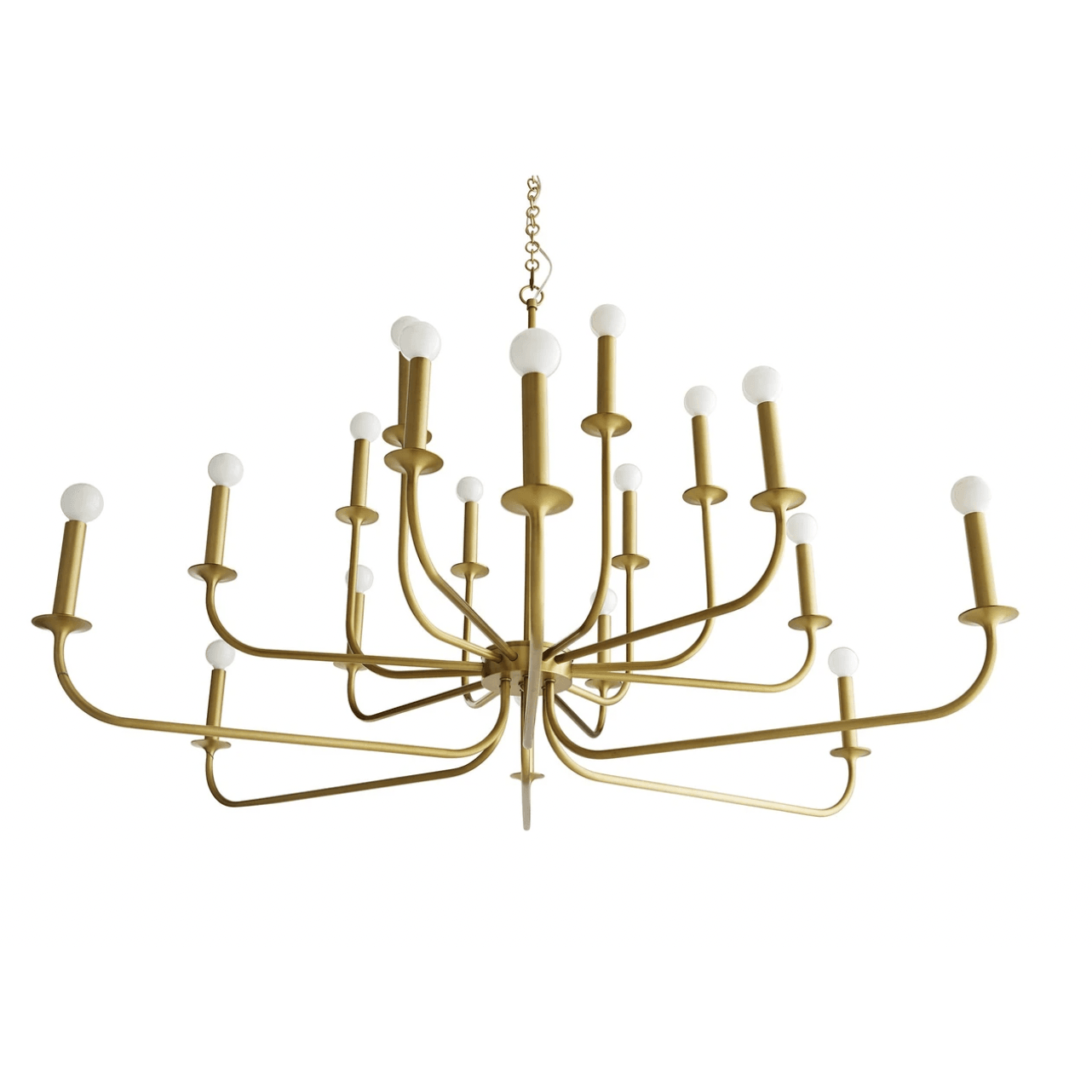Underside view of a gold multi-arm chandelier with radiating curved arms and white round bulbs