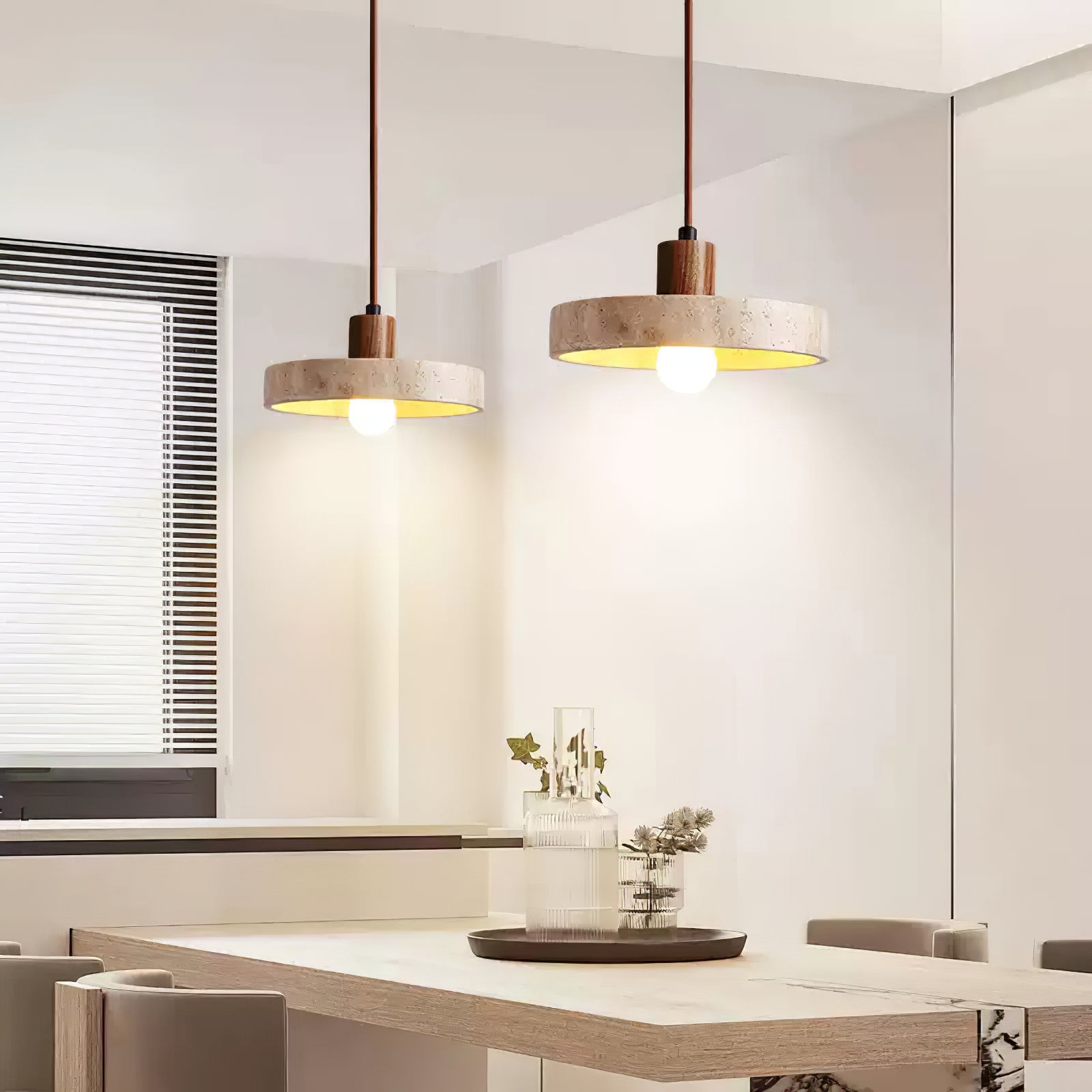 Natural Walnut Wood and Stone Pendant Lamp - Cueteks
