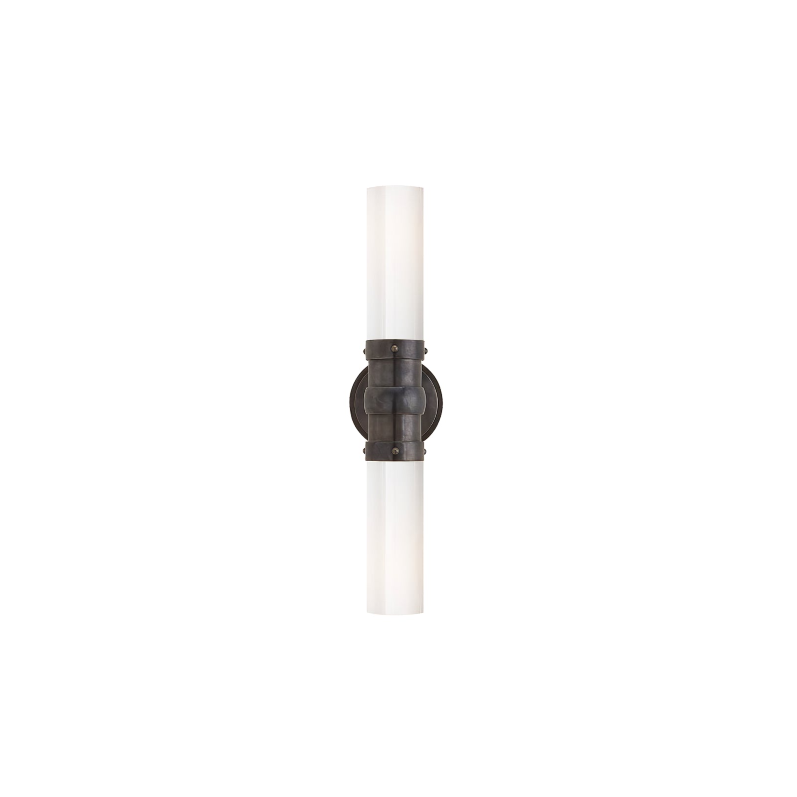 Front view of an Antique Black double wall light with a dark central cylinder, collar screws and white glass shades