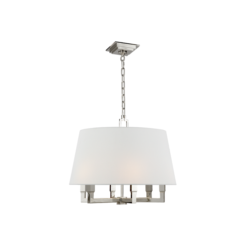 Square Tube chandelier in Polished Nickel with Linen shade, angular arms, chain and stepped square canopy