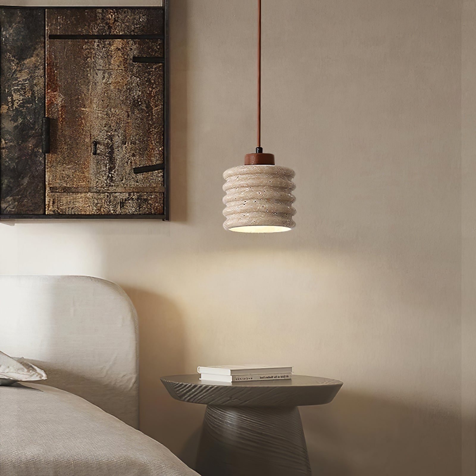 Rustic Travertine Cylinder Pendant with Wood Accent - Cueteks