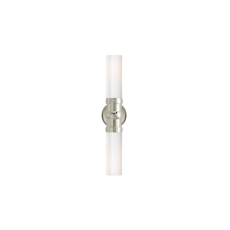 Front view of a Polished Nickel double wall light with a reflective metal centre and upper and lower white glass cylinders