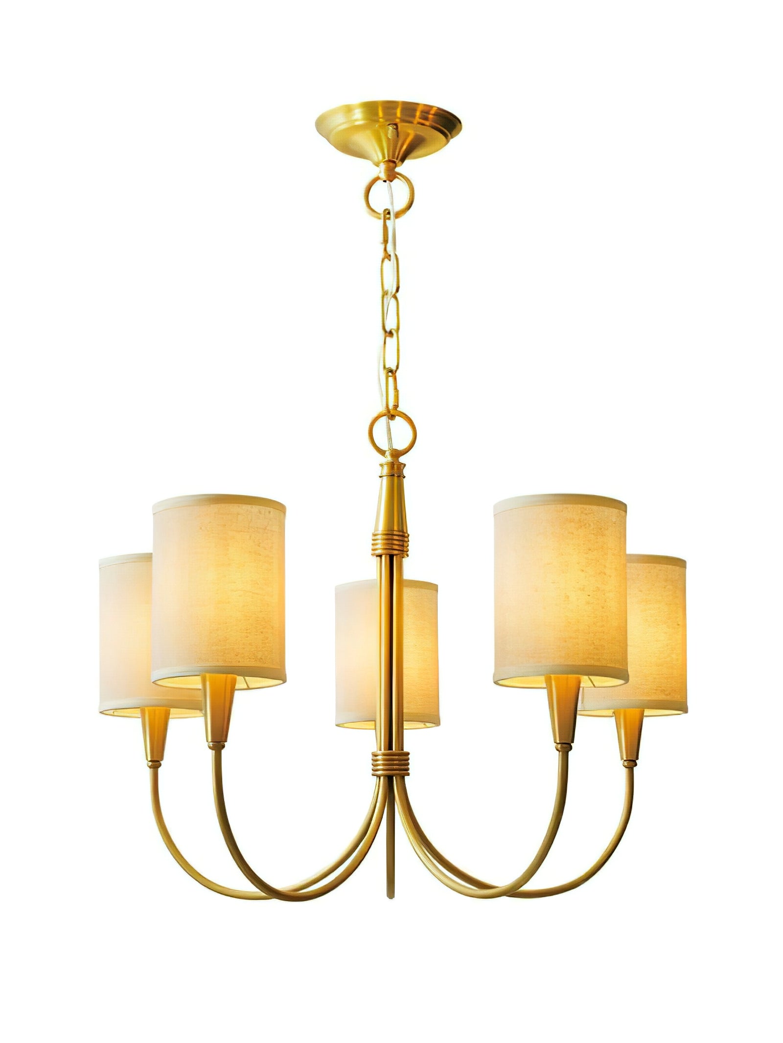 Close five-light Quincy chandelier with glowing beige shades, fluted gold-tone stem, curved arms, chain and round canopy