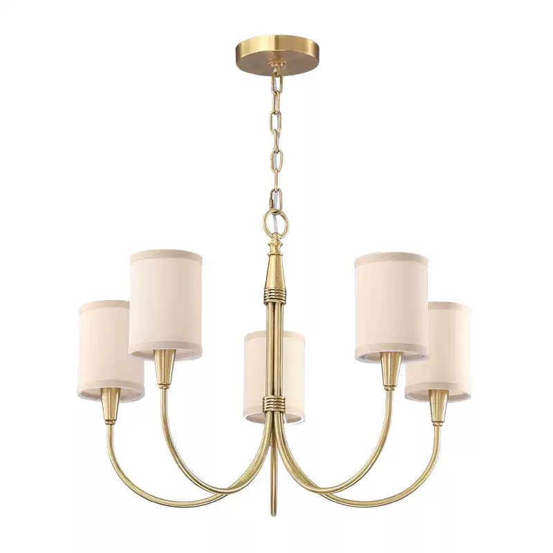 Five-light beige Quincy chandelier with gold-tone curved arms, long chain and round canopy isolated on white