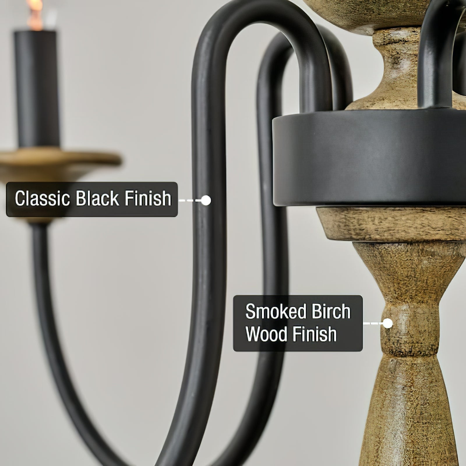 Close black metal arms and weathered wood-toned centre with finish annotations
