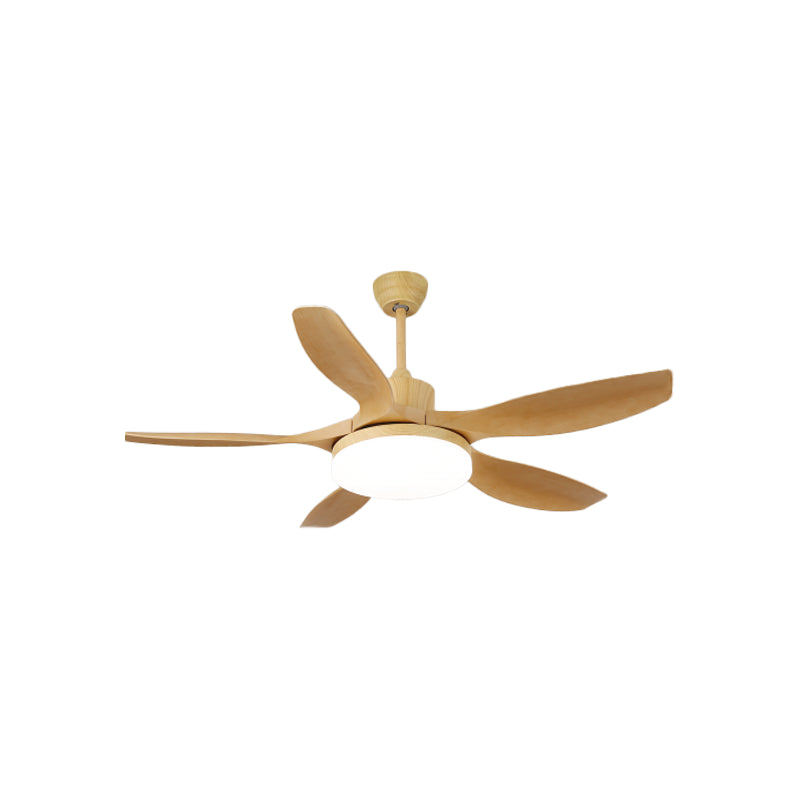 Five light wood-tone blades with matching wood-tone ceiling-fan housing, rod and canopy, and round white light face