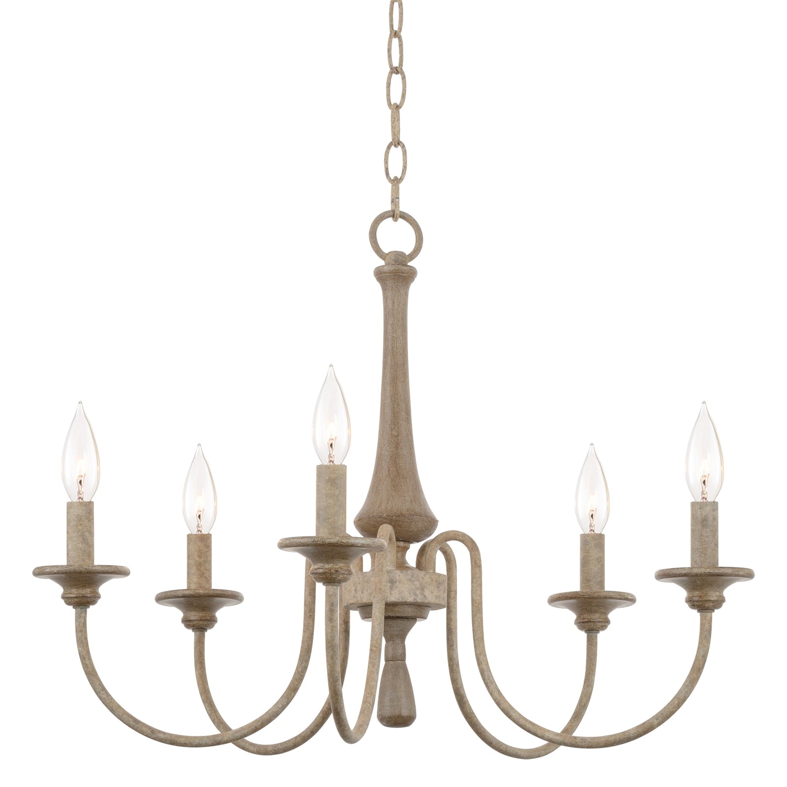 Pale five-light chandelier with shaped central column, curved arms and chain on a white background