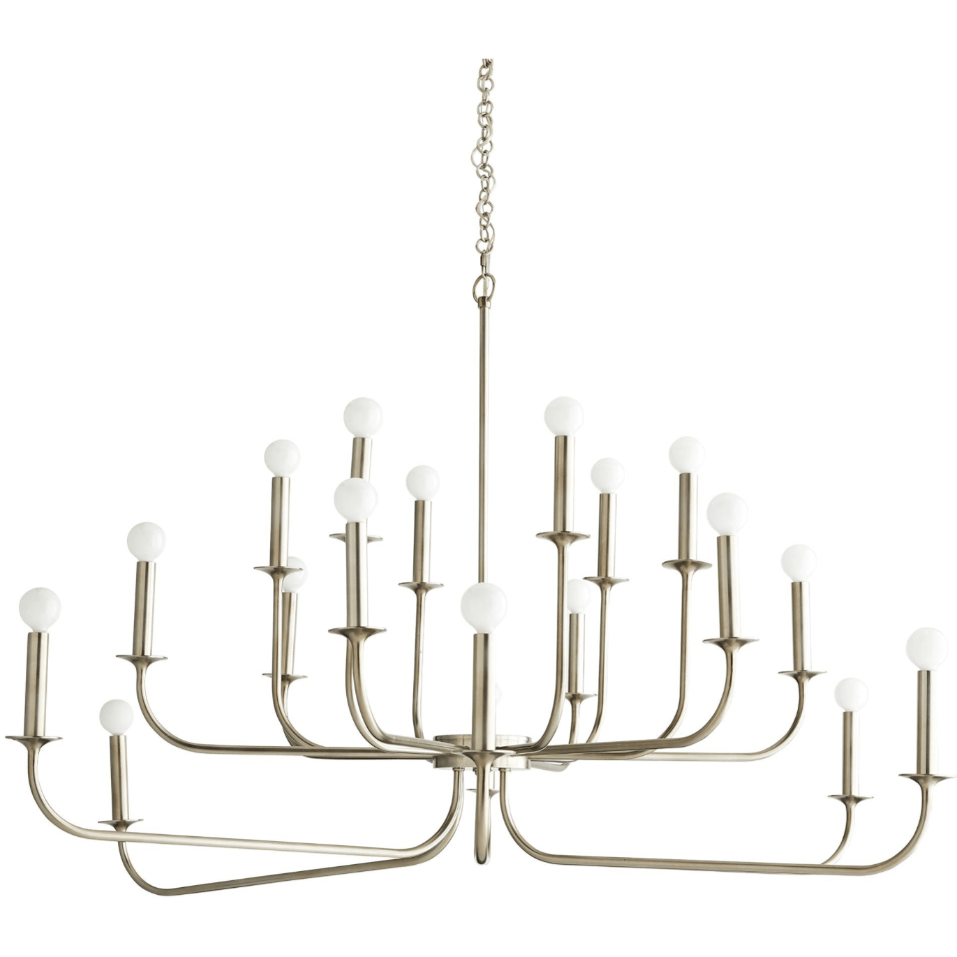 Pale metallic-looking multi-arm chandelier with white round bulbs and chain on a white background