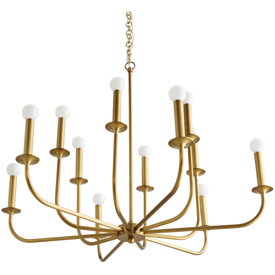 Gold chandelier seen from below, with curved arms, candle-style holders and a central hub