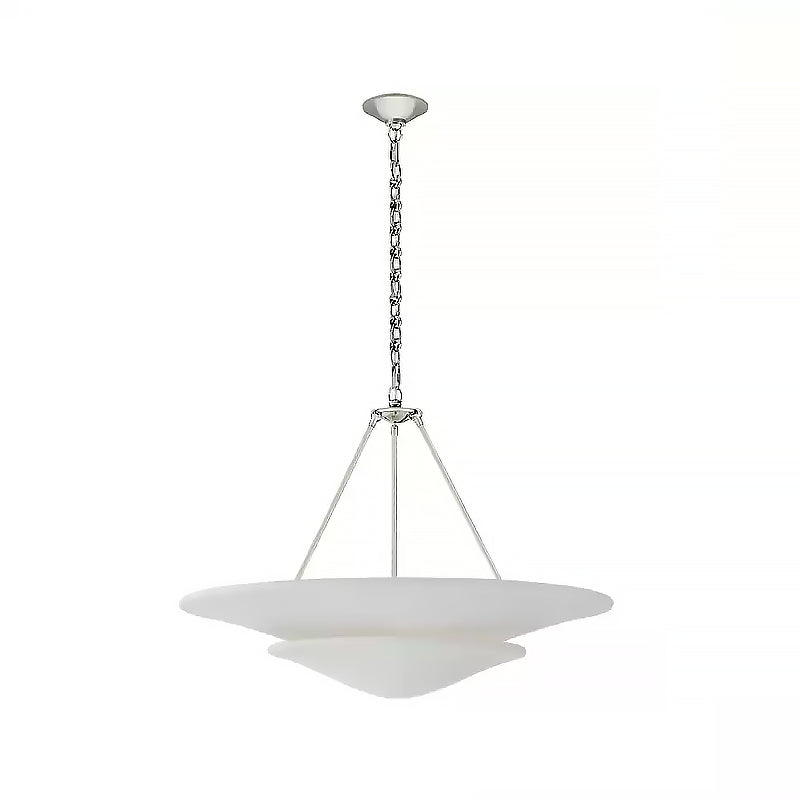 Mollino white two-tier bowl chandelier with Polished Nickel supports, chain and canopy isolated on white