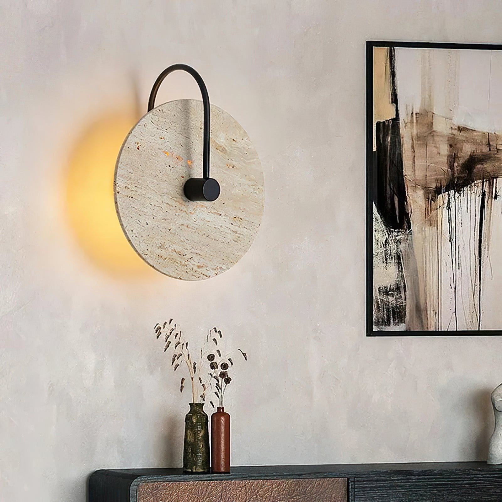 Minimalist Circular Travertine Wall Sconce - Cueteks