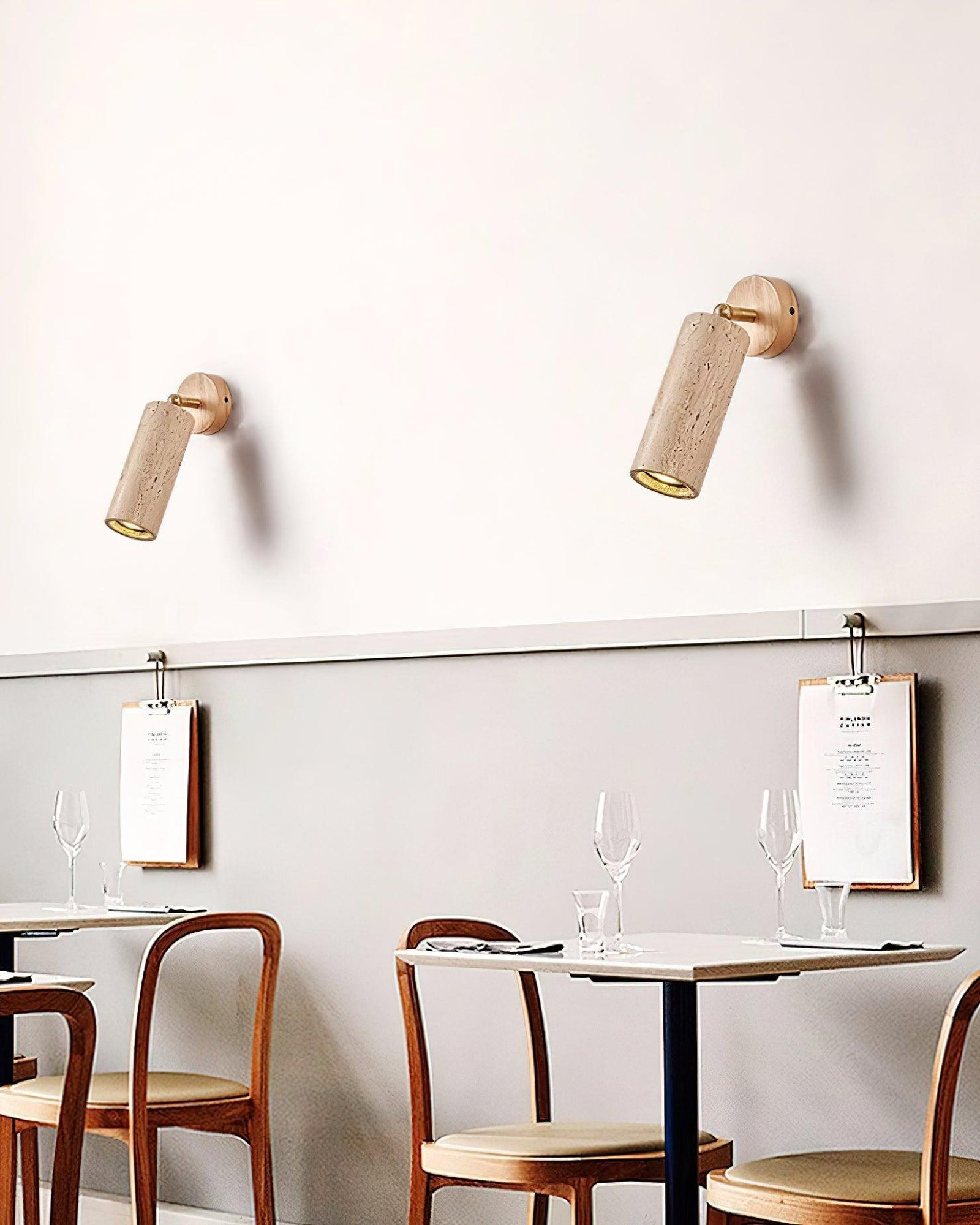Two Mireille original wood-colour wall fixtures in a room arrangement
