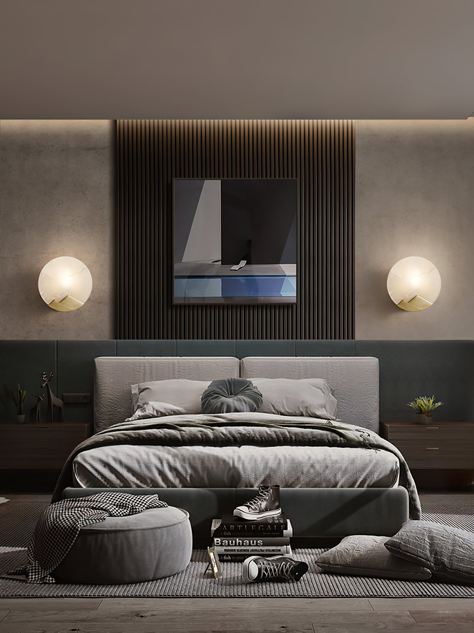 Brass and Alabaster Round Wall Light - Cueteks