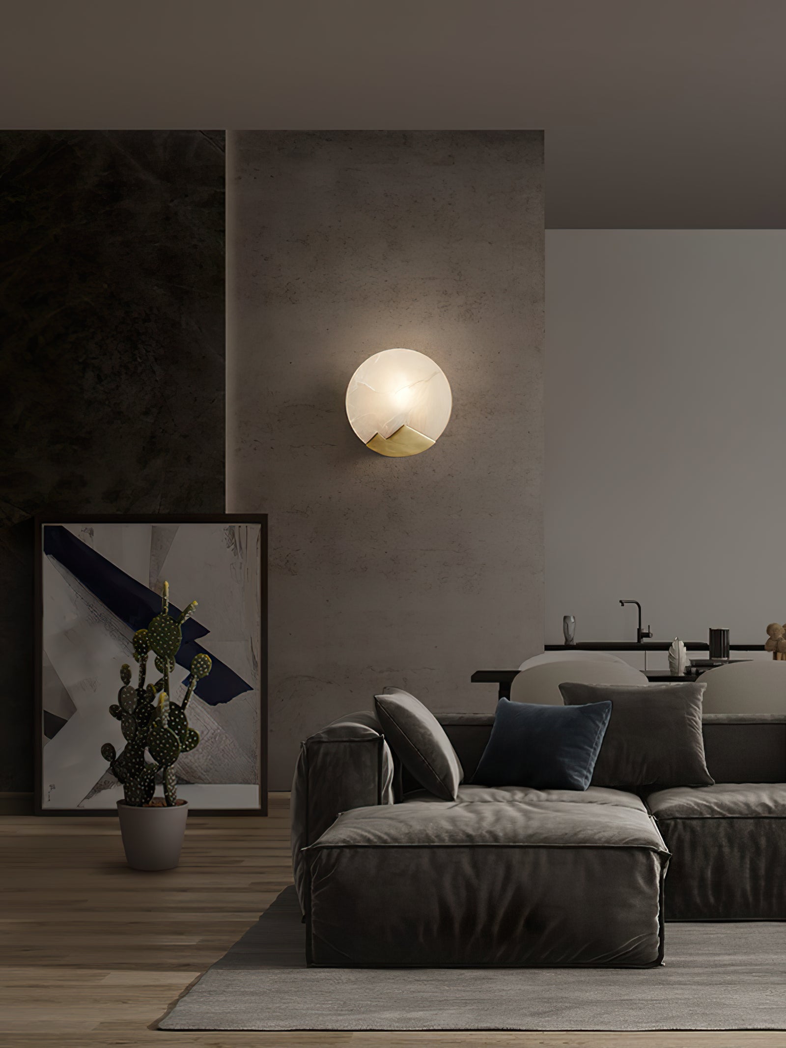 Brass and Alabaster Round Wall Light - Cueteks